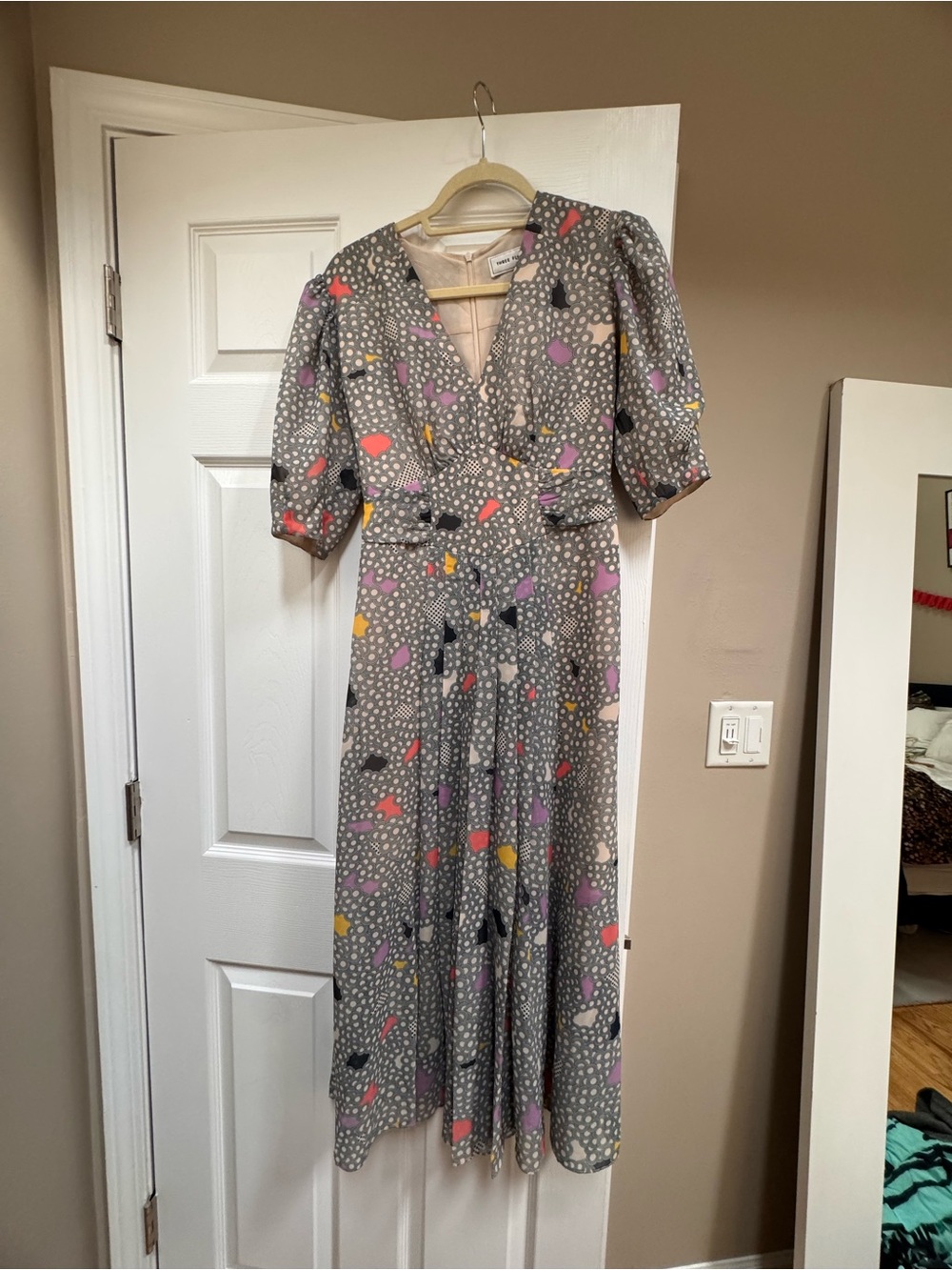 Three Floor Gray Midi Dress with Pink, Yellow, Orange & Black Accents